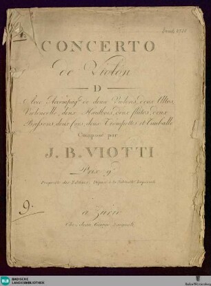 Concerto de violon : avec accompag.nt de deux violons, deux altos, violoncelle, deux hautbois, deux flutes, deux bassons, deux cors, deux trompettes et timballe