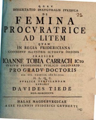 Diss. inaug. iur. de femina procuratrice ad litem