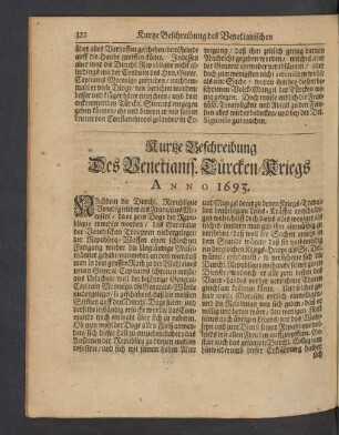 Kurtze Beschreibung Des Venetianis. Türcken-Kriegs Anno 1693.