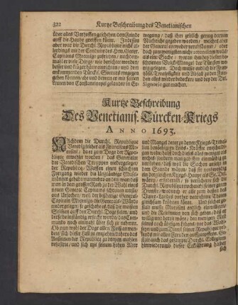 Kurtze Beschreibung Des Venetianis. Türcken-Kriegs Anno 1693.