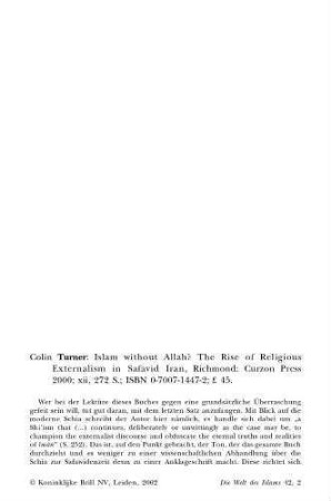 42: [Rezension von: Turner, Colin, Islam without Allah?]