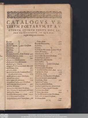Catalogus Veterum Poetarum, Et Auctorum, Quorum Versus Hoc Libro Producuntur, Et Quo Plerique tempore vixerint.