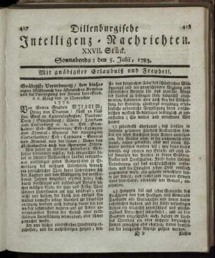 XXVII. Stück. Sonnabends: den 5. Julii, 1783.