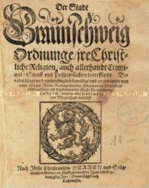 Kirchen- und Polzeiordnung für die Stadt Braunschweig