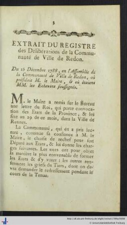 Extrait Du Registre des Délibérations de la Communauté de Ville de Redon.