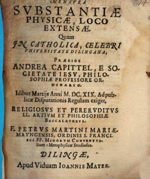 Mensvra Svbstantiae Physicae, Loco Extensae