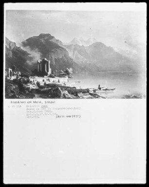 Landschaft mit Ruine am See in Morgenbeleuchtung