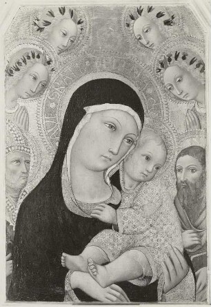 Halbfigur der Maria mit dem Kind, von vier Engeln und zwei Heiligen verehrt