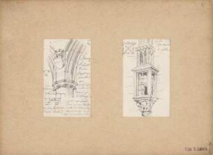 Reiseskizzen aus Österreich, Deutschland und Italien: Schwaz: Hauptkirche (Perspektivische Ansicht Detail), Pfarrkirche (Grundriss, Perspektivische Ansicht Kanzel)