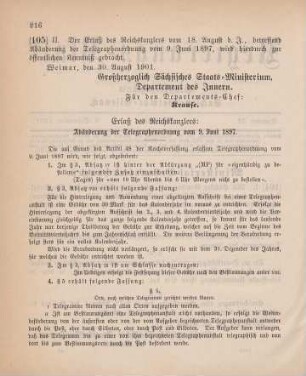 105. Ministerial-Bekanntmachung, betreffend Abänderung der Telegraphenordnung vom 9. Juni 1897