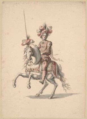 Kostümentwurf: Maurischer Reiter auf courbettierendem Pferd nach links - "Page du chef de cadrille"
