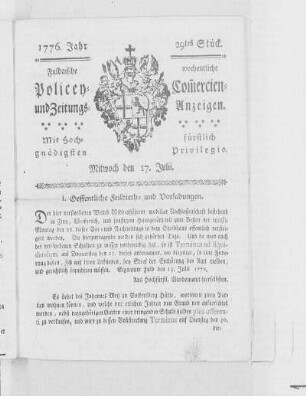 29tes Stück, Ausgabe vom 17. Julii 1776