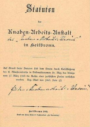 Statuten der Knaben-Arbeits-Anstalt des Knaben-Arbeits-Vereins