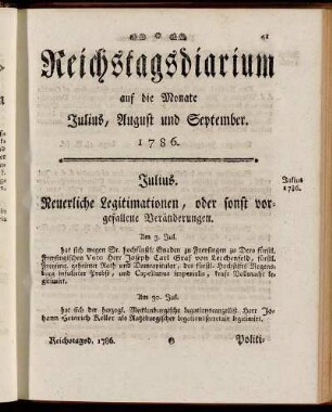 Reichstagsdiarium auf die Monate Julius, August und September 1786.