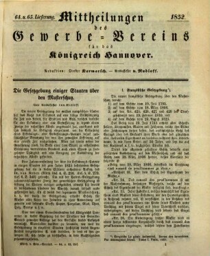 Mittheilungen des Gewerbevereins für das Königreich Hannover. 1852 = Lfg. 64 - 69
