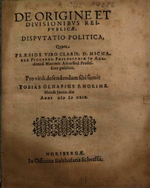 De Origine Et Divisionibus Reipublicae, Disputatio Politica