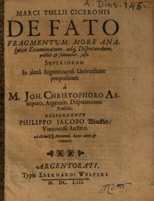 Marci Tullii Ciceronis De Fato Fragmentum