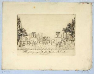 Der westliche Eingang in die Hauptallee im Großen Garten in Dresden mit zwei Schmuckvasen von Antonio Corradini, im Hintergrund das Palais