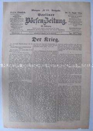 Titelblatt der "Berliner Börsen-Zeitung" zum Kriegsgeschehen