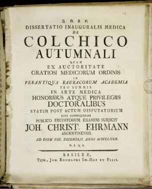 Dissertatio Inauguralis Medica De Colchico Autumnali