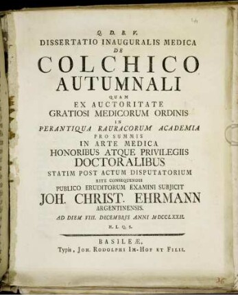 Dissertatio Inauguralis Medica De Colchico Autumnali