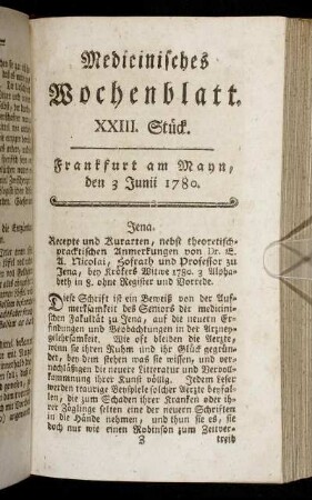 XXIII. Stück. Frankfurt am Mayn, den 3 Junii 1780. - XXVI. Stück. Frankfurt am Mayn, den 24 Junii 1780.
