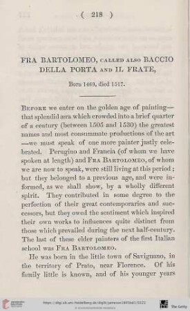 Fra Bartolomeo, called also Baccio della Porta and Il Fratre: Born 1469, died 1517