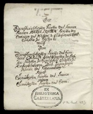 Widmung an Fürstin Marie Luise von Nassau-Dietz und Landgraf Carl von Hessen-Kassel