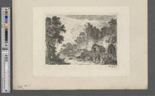 [Verwitterte Wehrmauer mit Turmruine am See]