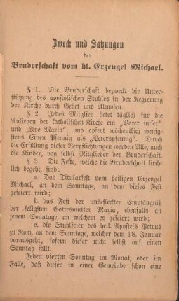 Zweck und Satzungen der Bruderschaft vom hl. Erzengel Michael.