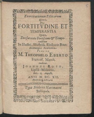 Exercitationum Ethicarum Quinta De Fortitudine Et Temperantia