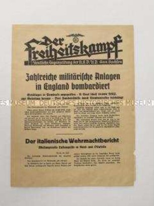 Nachrichtenblatt der sächsischen NSDAP-Zeitung "Der Freiheitskampf" über den deutschen Luftangriff auf englische Erdöllager u.a. in Edinbourgh