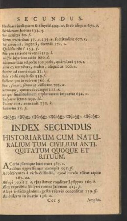 Index Secundus Historiarum Cum Naturalium Tum Civilium Aniquitatum Quoque Et Rituum.