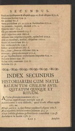 Index Secundus Historiarum Cum Naturalium Tum Civilium Aniquitatum Quoque Et Rituum.