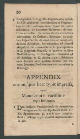 Appendix eorum, quae licet typis impressa, tamen Manuscriptis rarissimis aeque habentur