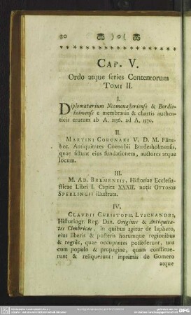 Cap. V. Ordo atque series Contentorum Tomi II.