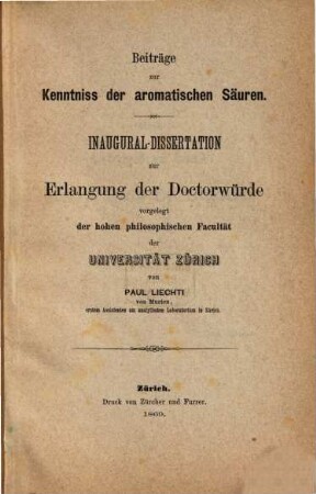 Beiträge zur Kenntniss der aromatischen Säuren : Inaug. Diss.