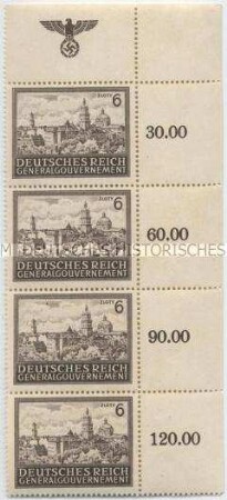 Fragment eines Bogens mit 4 Briefmarken zu 6 Zloty aus dem Generalgouvernement