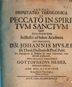 Disputatio Theologica De Peccato In Spiritum Sanctum