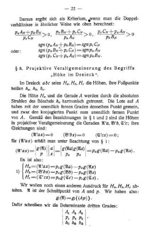 § 8. Projektive Verallgemeinerung des Begriffs "Höhe im Dreieck".