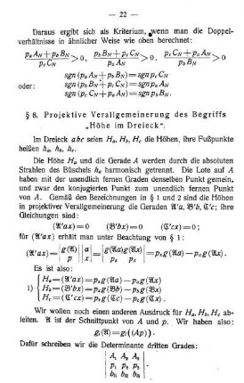 § 8. Projektive Verallgemeinerung des Begriffs "Höhe im Dreieck".