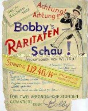 Handgeschriebener und handgezeichneter Aushang zu einer Kulturveranstaltung im Kriegsgefangenenlager Karatschew