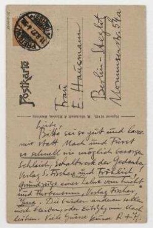 Ansichtspostkarte von Raoul Hausmann an Elfriede Hausmann. [Prerow (Darß)]. Abbildung: "Ostseebad Prerow i. Pomm. Alte Bauernhäuser"