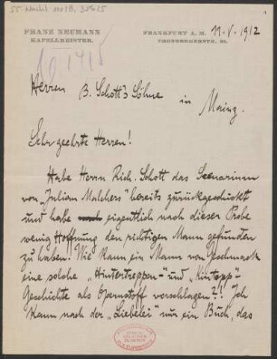 Brief an B. Schott's Söhne : 11.05.1912