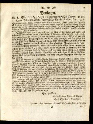No. I. Schreiben des Herrn Churfürsten zu Pfalz Durchl. an des Herrn Herzog zu Pfalz-Zweybrücken Durchl. d. d. 22. Jan. 1778.