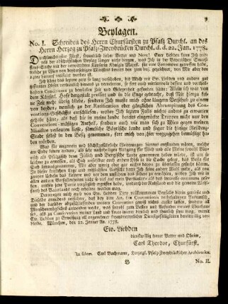 No. I. Schreiben des Herrn Churfürsten zu Pfalz Durchl. an des Herrn Herzog zu Pfalz-Zweybrücken Durchl. d. d. 22. Jan. 1778.