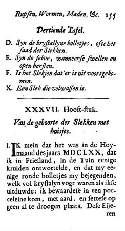 XXXVII. Hooft-stuk. Van de geboorte der Slekken met huisjes