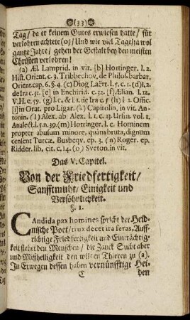 Das V. Capitel. Von der Friedfertigkeit, Sanfftmuht, Einigkeit und Versöhnlichkeit
