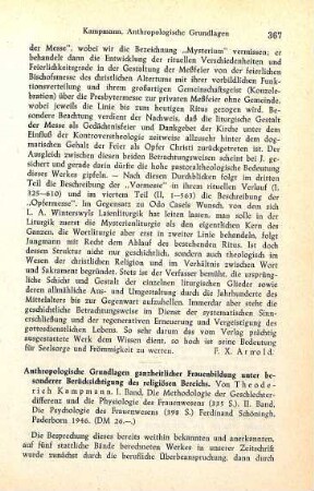 367-369 [Rezension] Kampmann, Theoderich, Anthropologische Grundlagen ganzheitlicher Frauenbildung