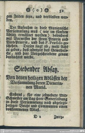 Siebender Absatz. Von denen heiligen Ablässen der Versammlung deren Dienerinnen Mariä